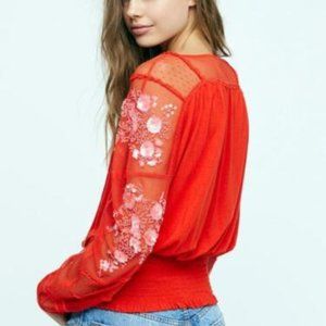 Free People Red Sequin Beaded Embellished Blouse